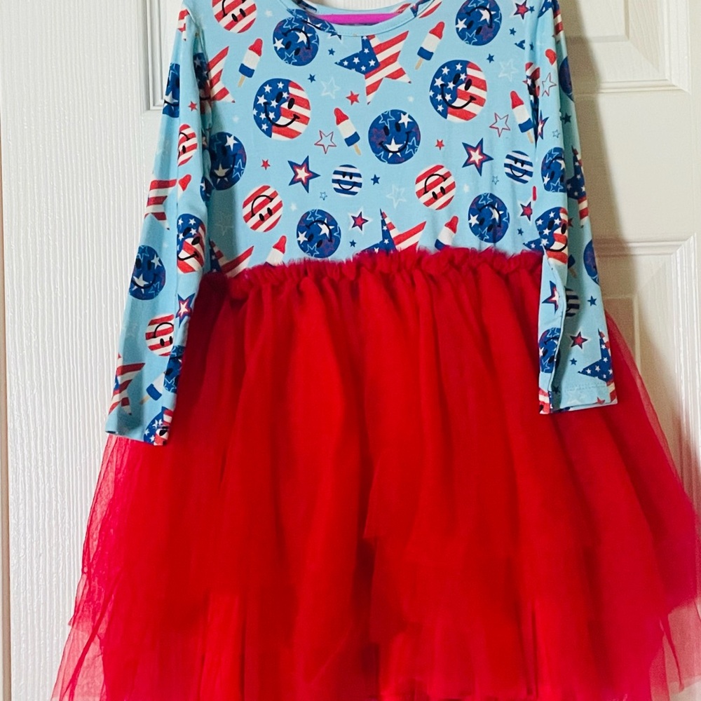 4th of July Long Sleeve Dress with Red Tulle Skirt